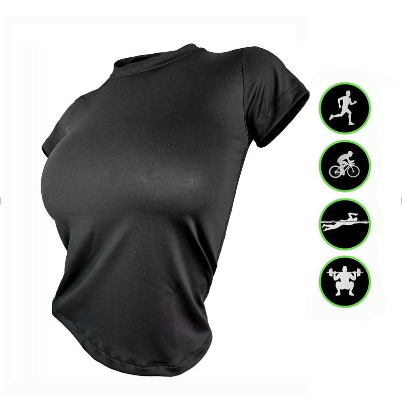 SPORT - Lycra Elástica Para Mujer Camiseta Manga Corta Negra Deportiv Ajustada_..