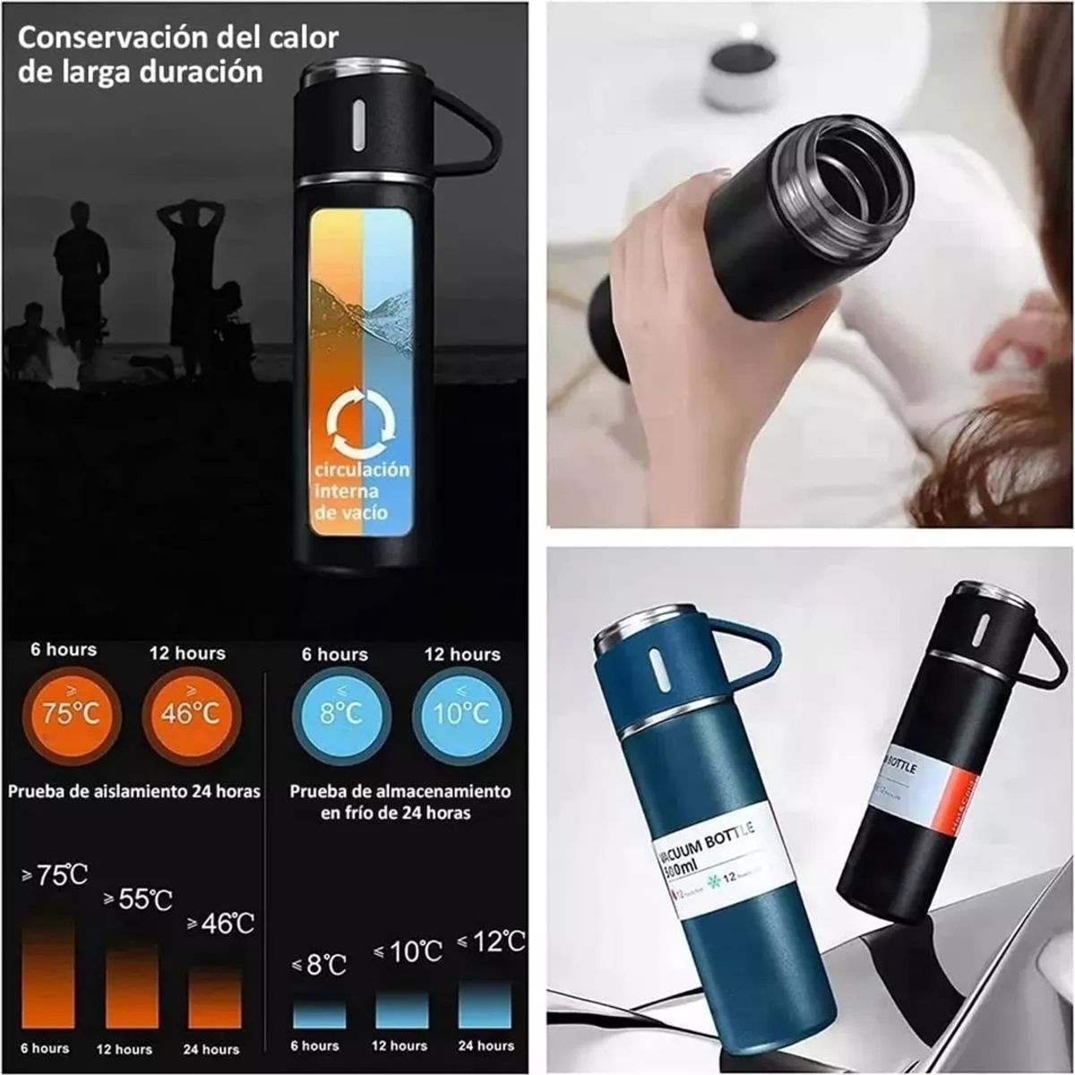 GENERICO - Termo de Acero Inoxidable 500 ml con 2 Tazas para Servir