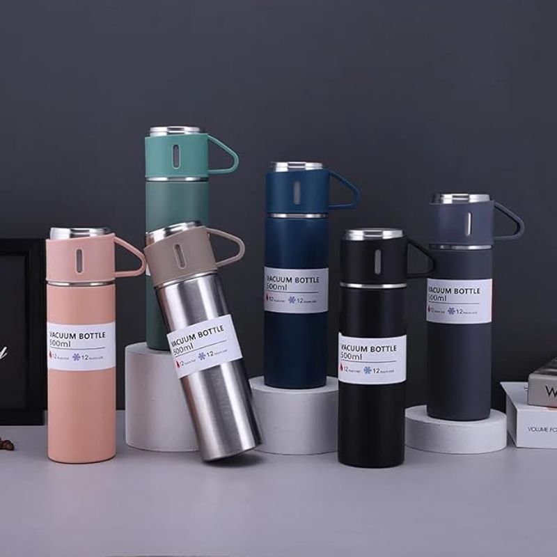 GENERICO - Termo de Acero Inoxidable 500 ml con 2 Tazas para Servir