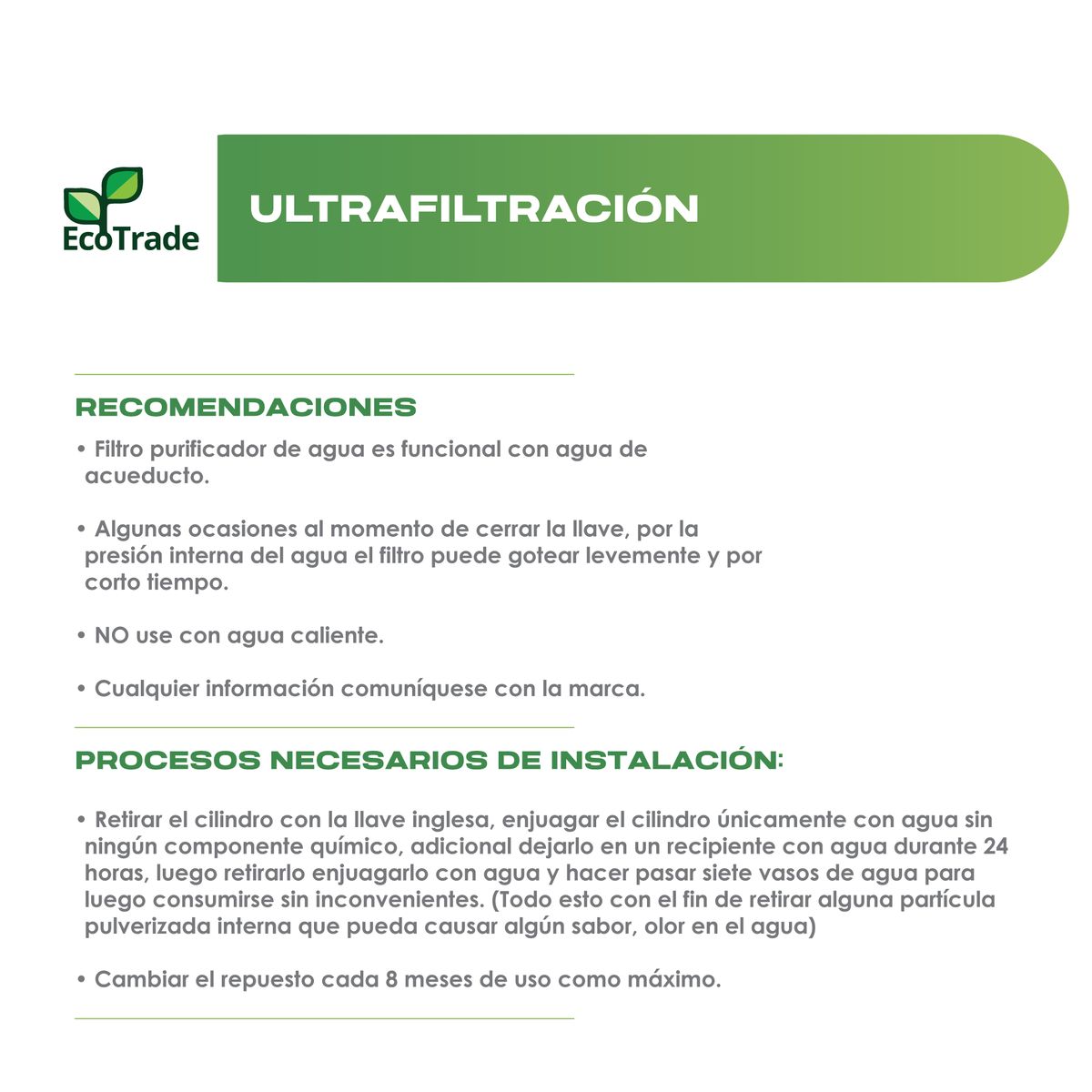 ECOTRADE FILTERS - Cartucho Repuesto Filtro Purificador Agua Ultrafiltración
