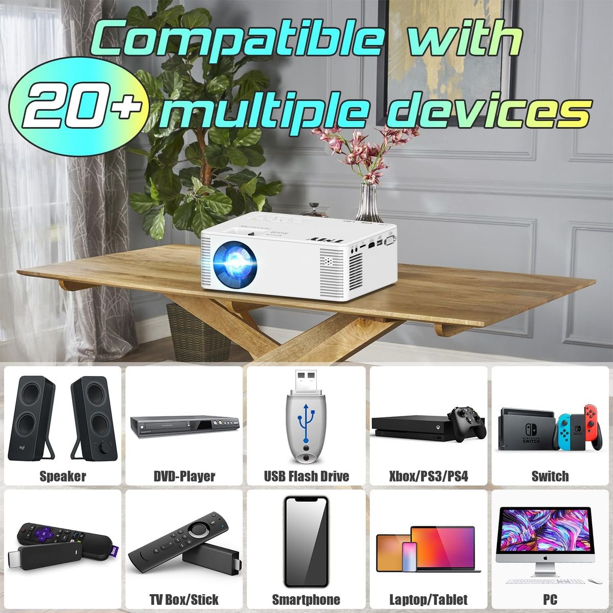 AMERICAN GENERICS - Proyector TMY con WiFi y Bluetooth - Resolución nativa 1080P