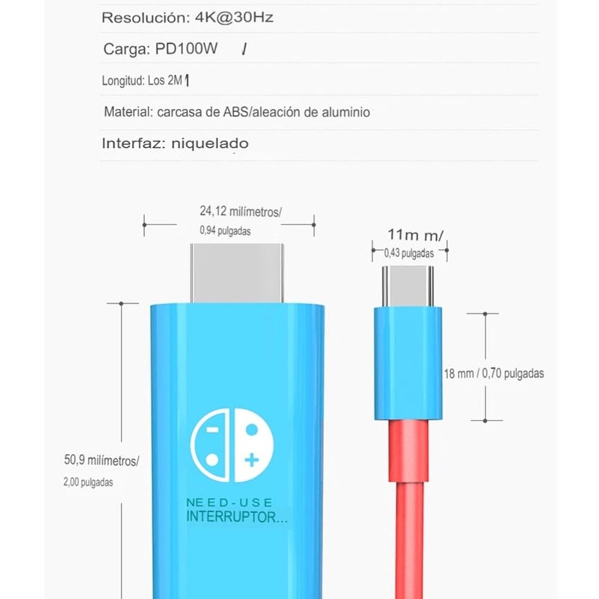 GENERICO - Cable Usb Tipo C A Hdmi Pd 100w Para Nintendo Switch 2m Azul