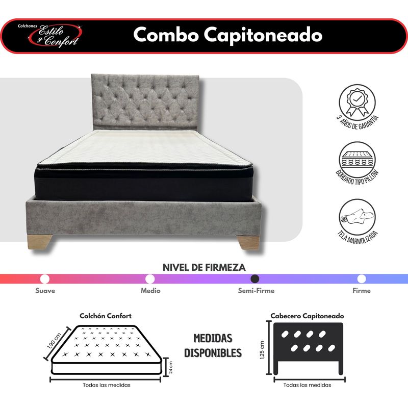 ESTILO Y CONFORT - Combo Colchón Basecama y Cabecero Capitoniado gris de 100x190