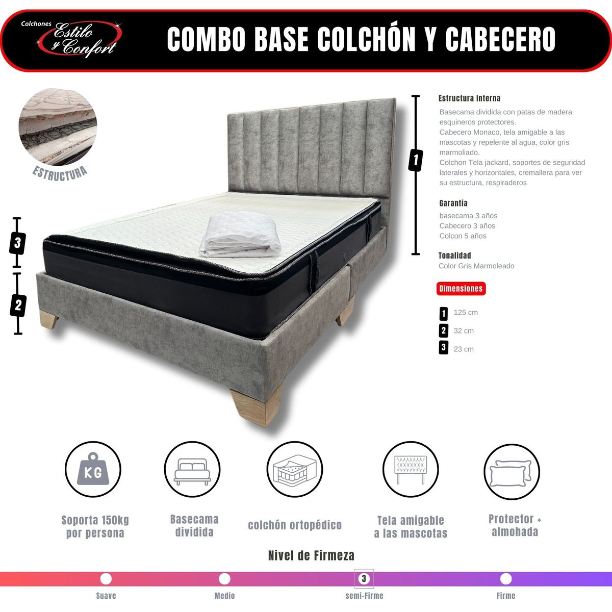 ESTILO Y CONFORT - Combo Colchón Basecama y Cabecero Monaco gris de 120x190