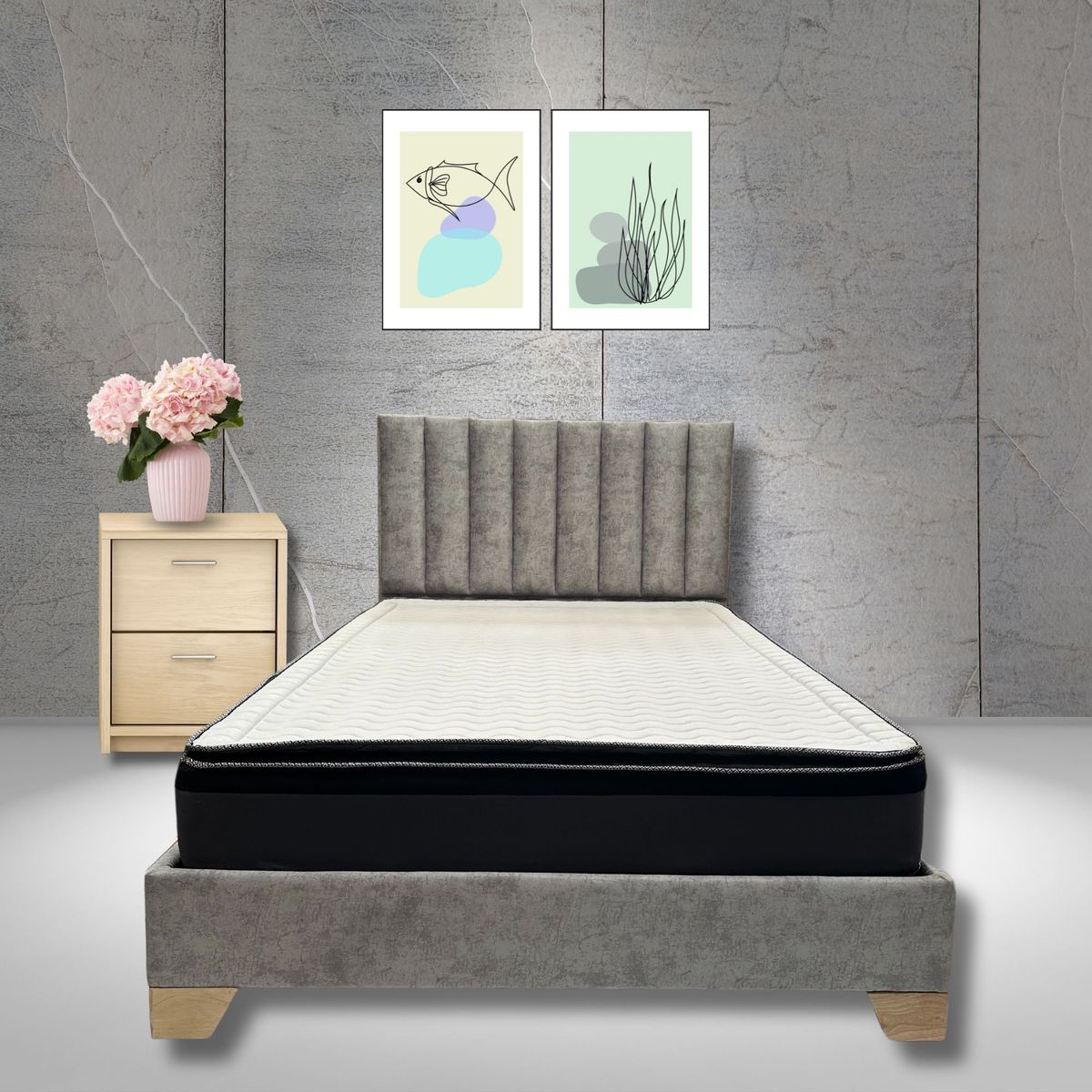 ESTILO Y CONFORT - Combo Colchón Basecama y Cabecero Monaco gris de 120x190