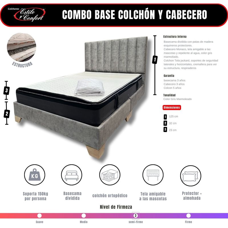 ESTILO Y CONFORT - Combo Colchón Basecama y Cabecero Monaco gris de 100x190
