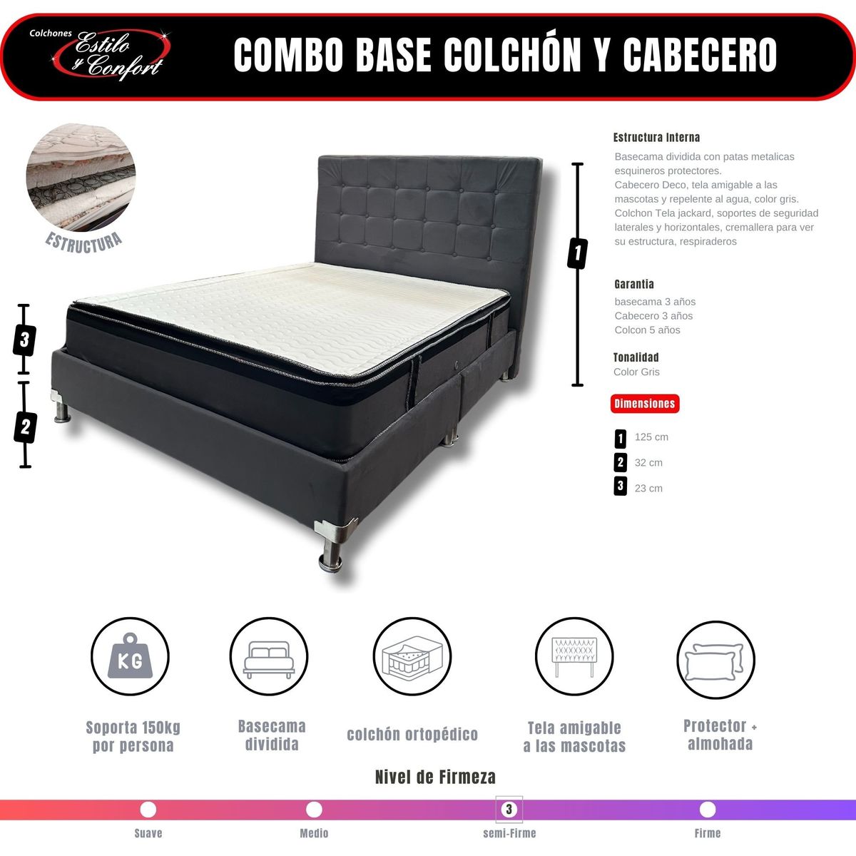 ESTILO Y CONFORT - Combo Colchón Basecama y Cabecero Deco gris de 140x190