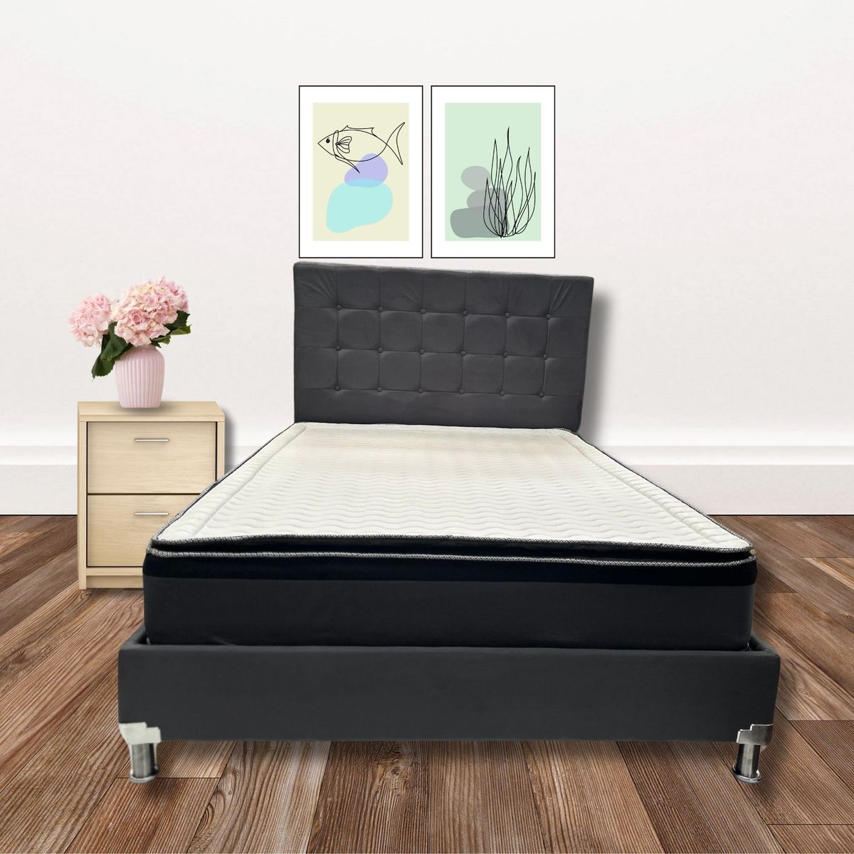 ESTILO Y CONFORT - Combo Colchón Basecama y Cabecero Deco gris de 200x200