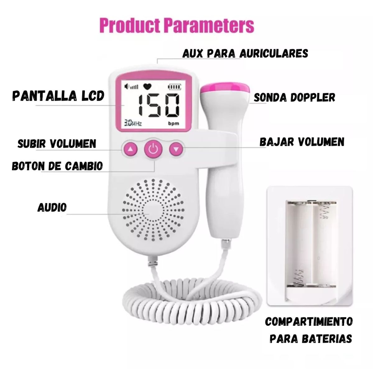 GENERICO - Pulsómetro Doppler Para Bebés Y Embarazadas Color Azul- Rosa