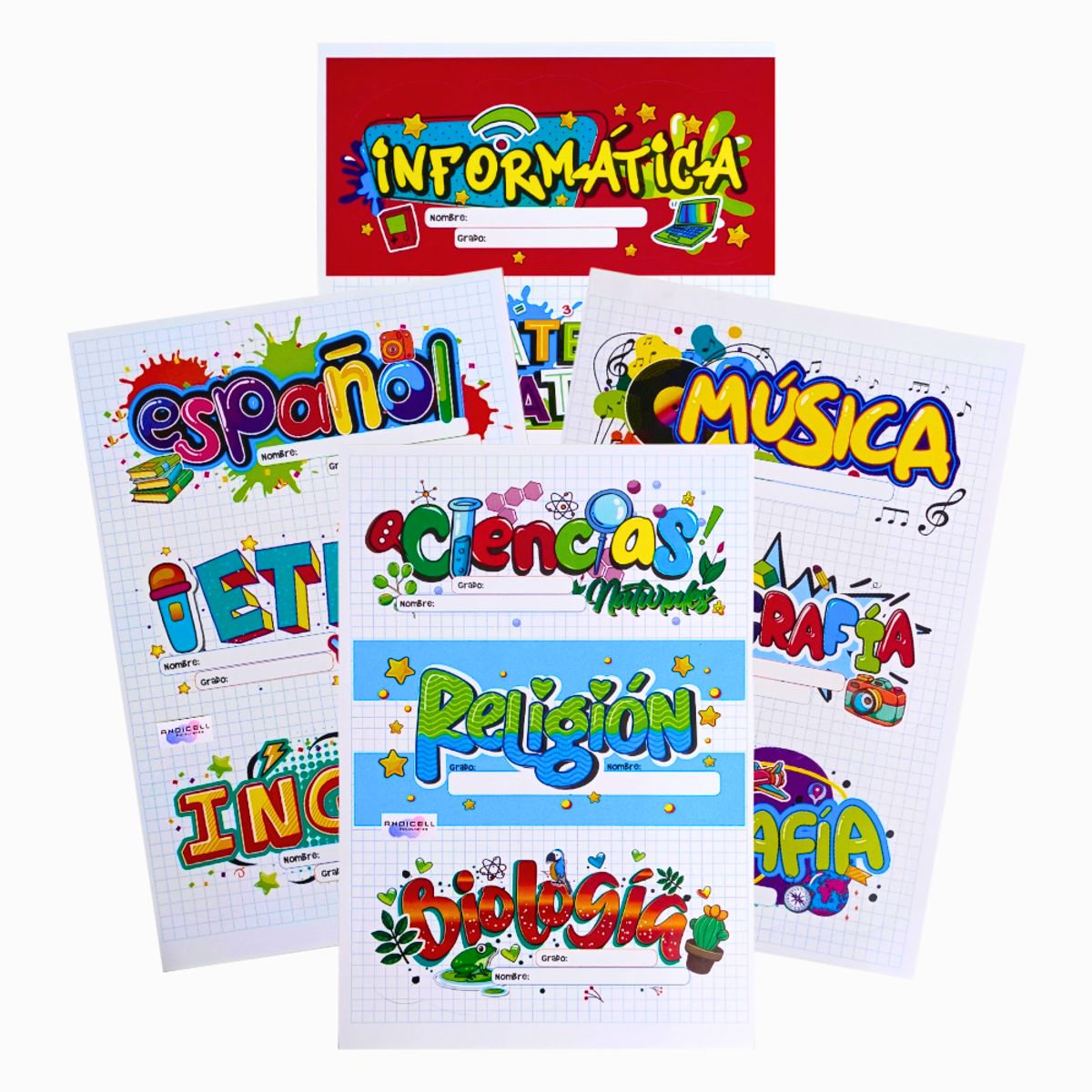 GENERICO - Set x 6 Stickers Materias en Español para Marcar Cuadernos