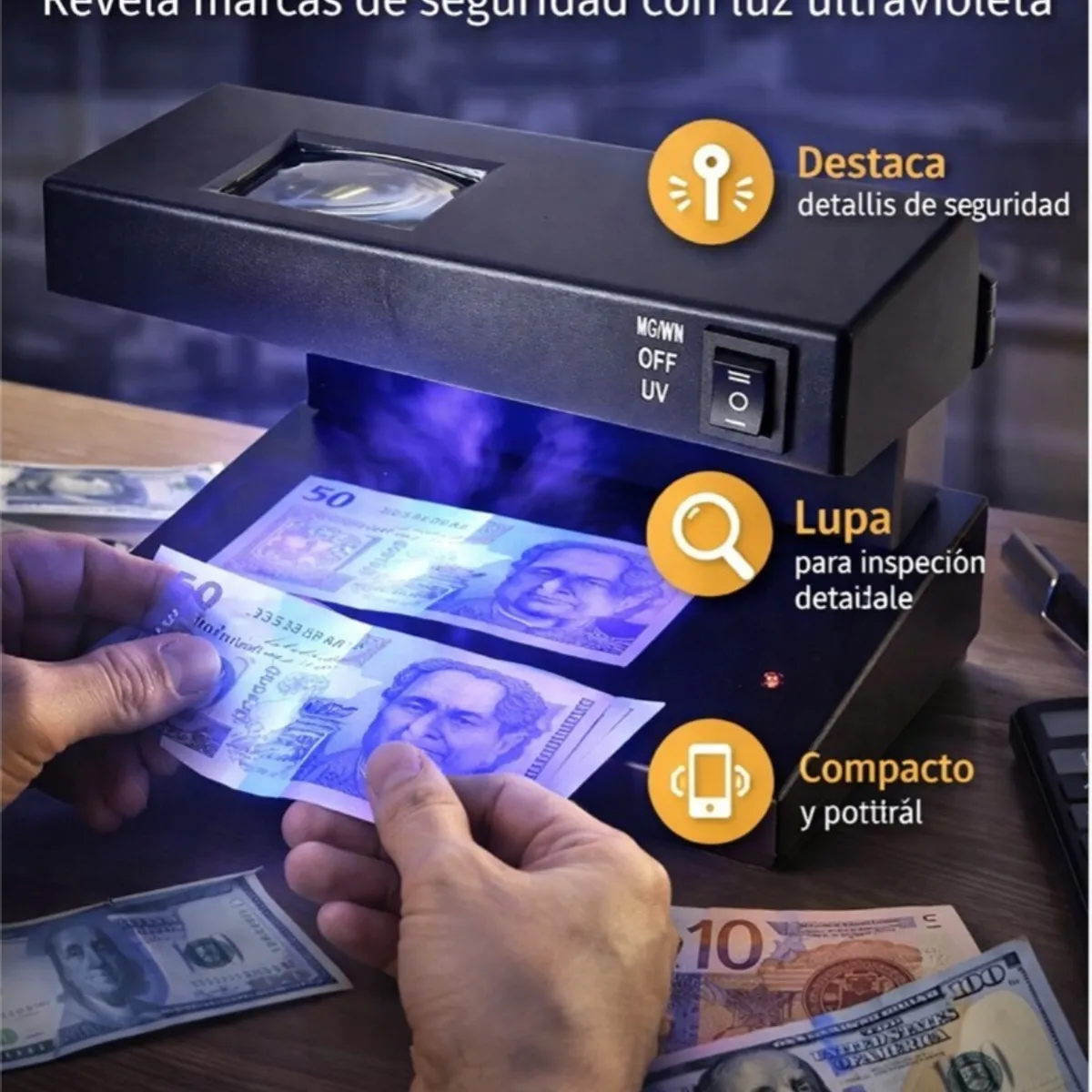 GENERICO - Detector UV Portátil Para Verificación De Billetes y Documentos Luz Ultravioleta