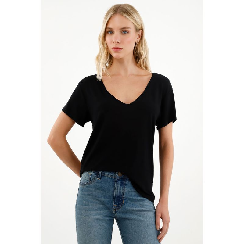 TENNIS - Camiseta negra cuello V para mujer