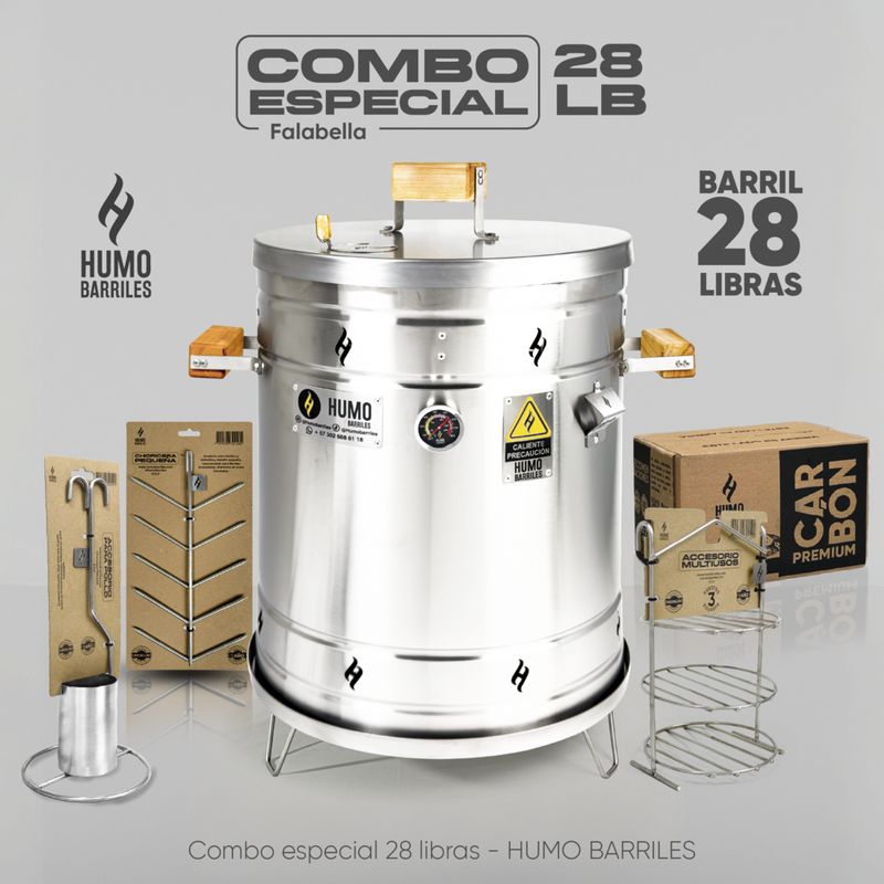 HUMO BARRILES - Combo Barril 28 Libras + Acc. Base + Choricera + Acc. Multiusos + Acc. Pollo + Carbón Premium