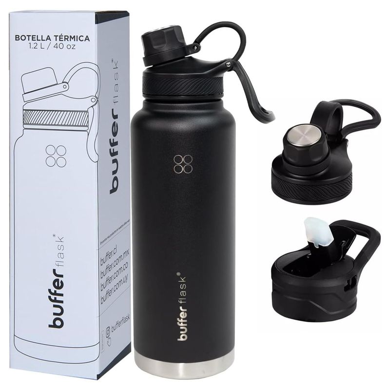 BUFFER FLASK - Termo Botella Termica 1,2 Buffer Acero Inox Tapas - Negro