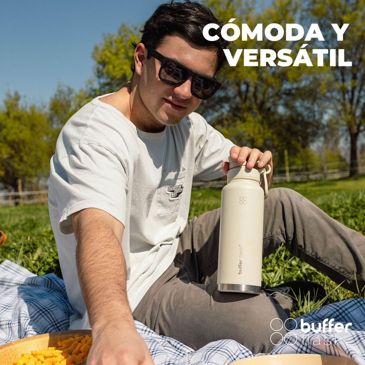 BUFFER FLASK - Termo Botella Termica 1,2 Buffer Acero Inox Tapas - Crema-