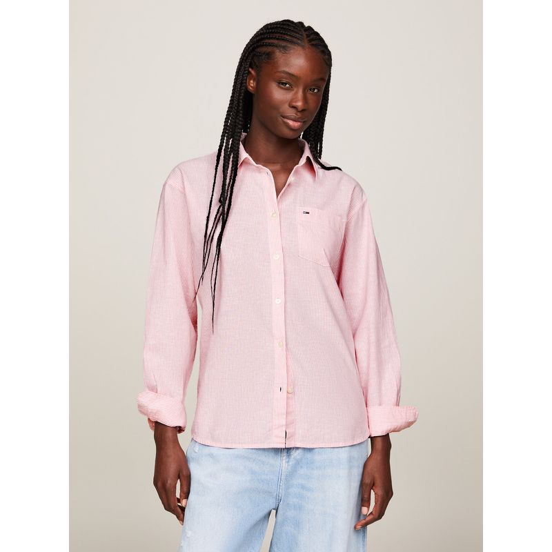 TOMMY HILFIGER - Camisa De Rayas Rosada Y Corte Holgado Para Mujer Tommy Jeans