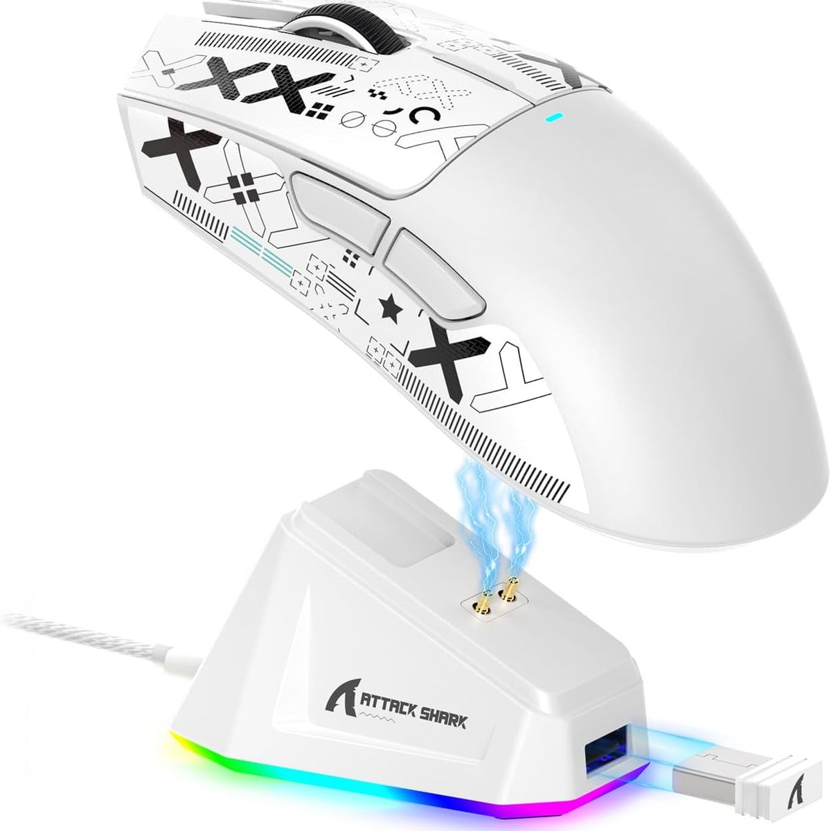 SHARK - Mouse Gamer Attack Shark x11 RGB con puesto de carga 22.000 DPI Blanco