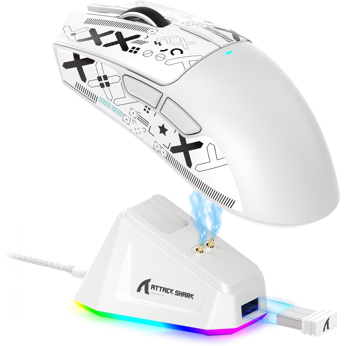 SHARK - Mouse Gamer Attack Shark x11 RGB con puesto de carga 22.000 DPI Blanco