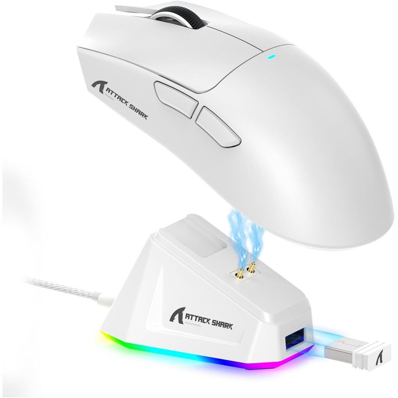 SHARK - Mouse Gamer Attack Shark x11 RGB con puesto de carga 22.000 DPI Blanco