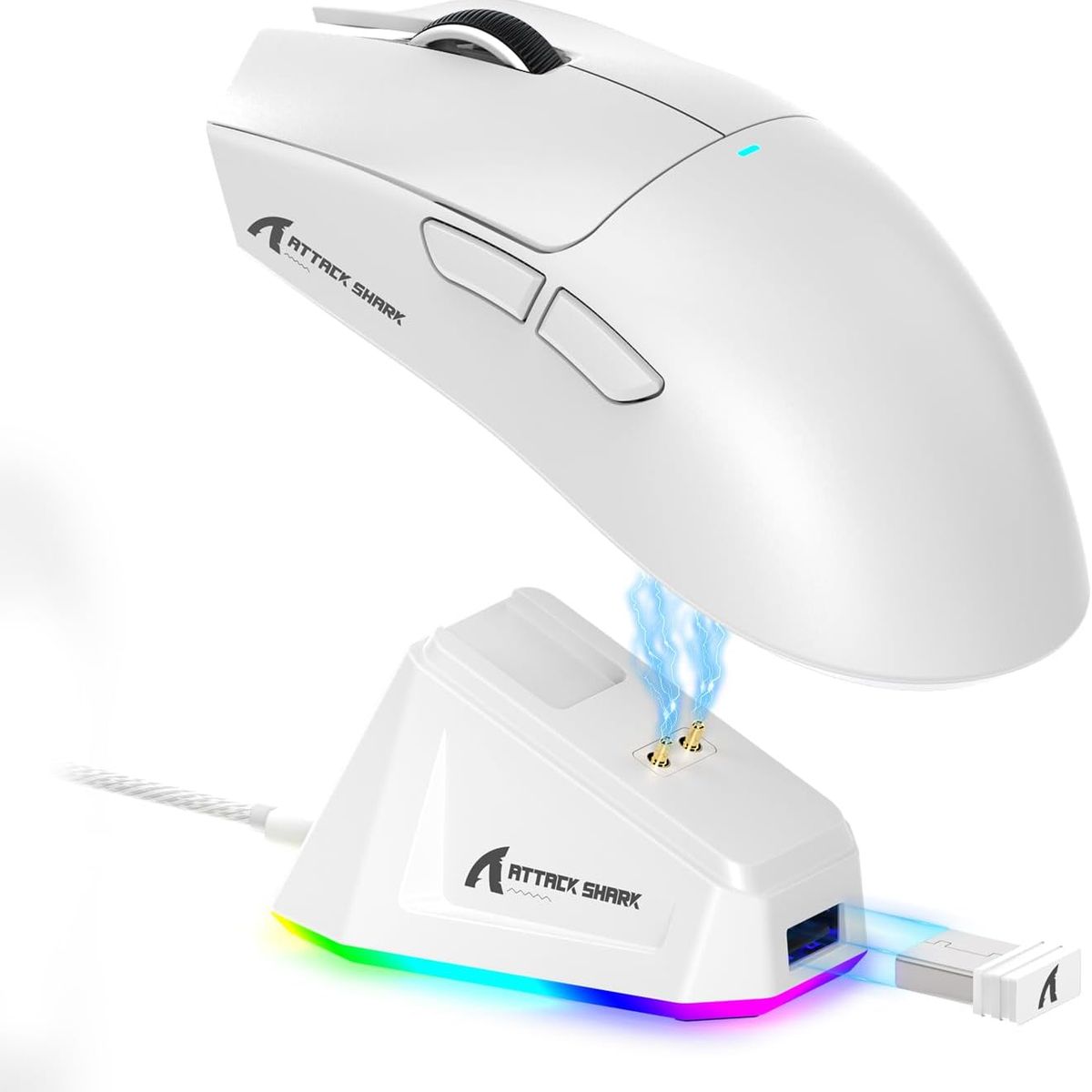 SHARK - Mouse Gamer Attack Shark x11 RGB con puesto de carga 22.000 DPI Blanco