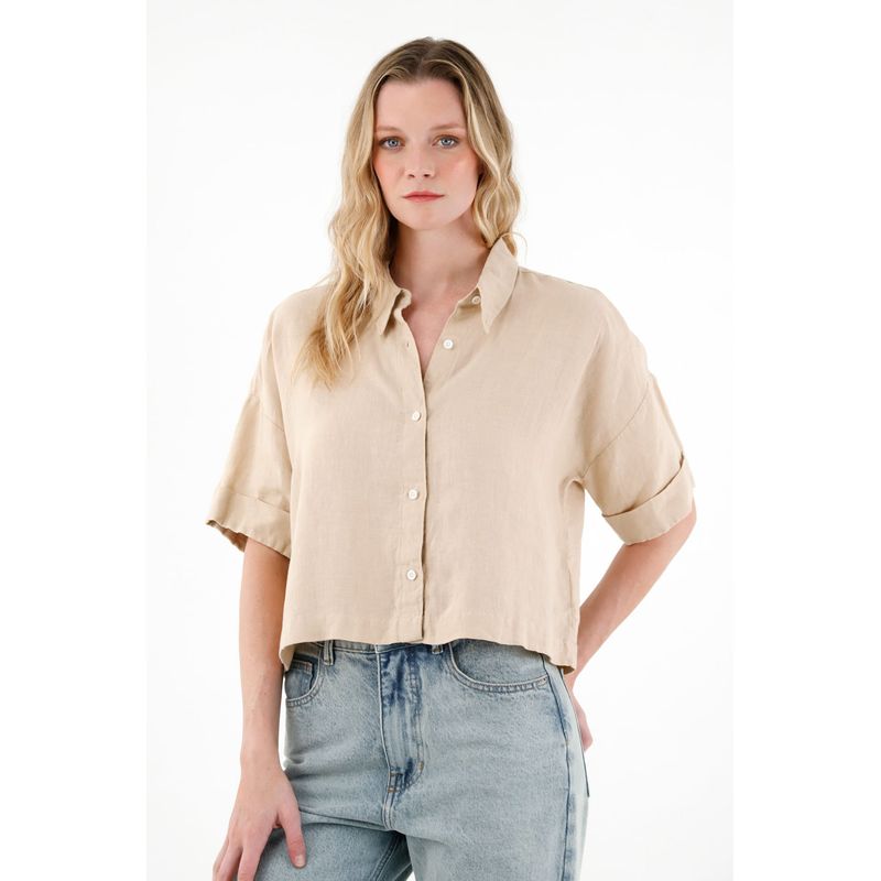 TENNIS - Camisa café 100% lino para mujer