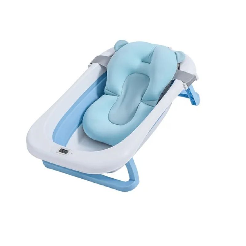 KIDSHOP - Bañera Tina Plegable Bebé Con Termometro Cojín Malla Azul