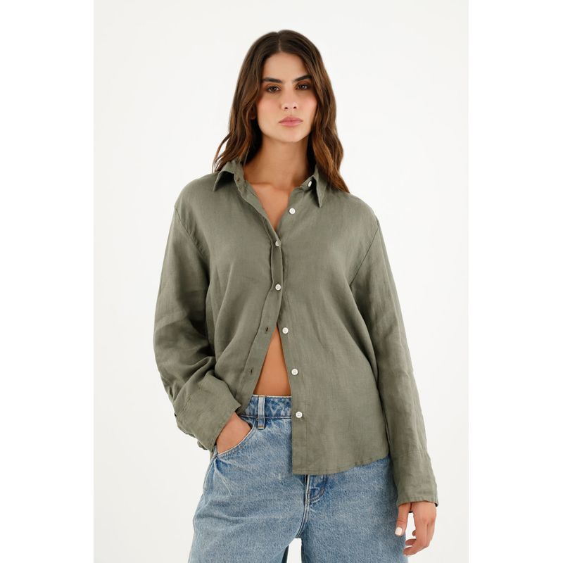 TENNIS - Camisa verde en 100% lino manga larga para mujer