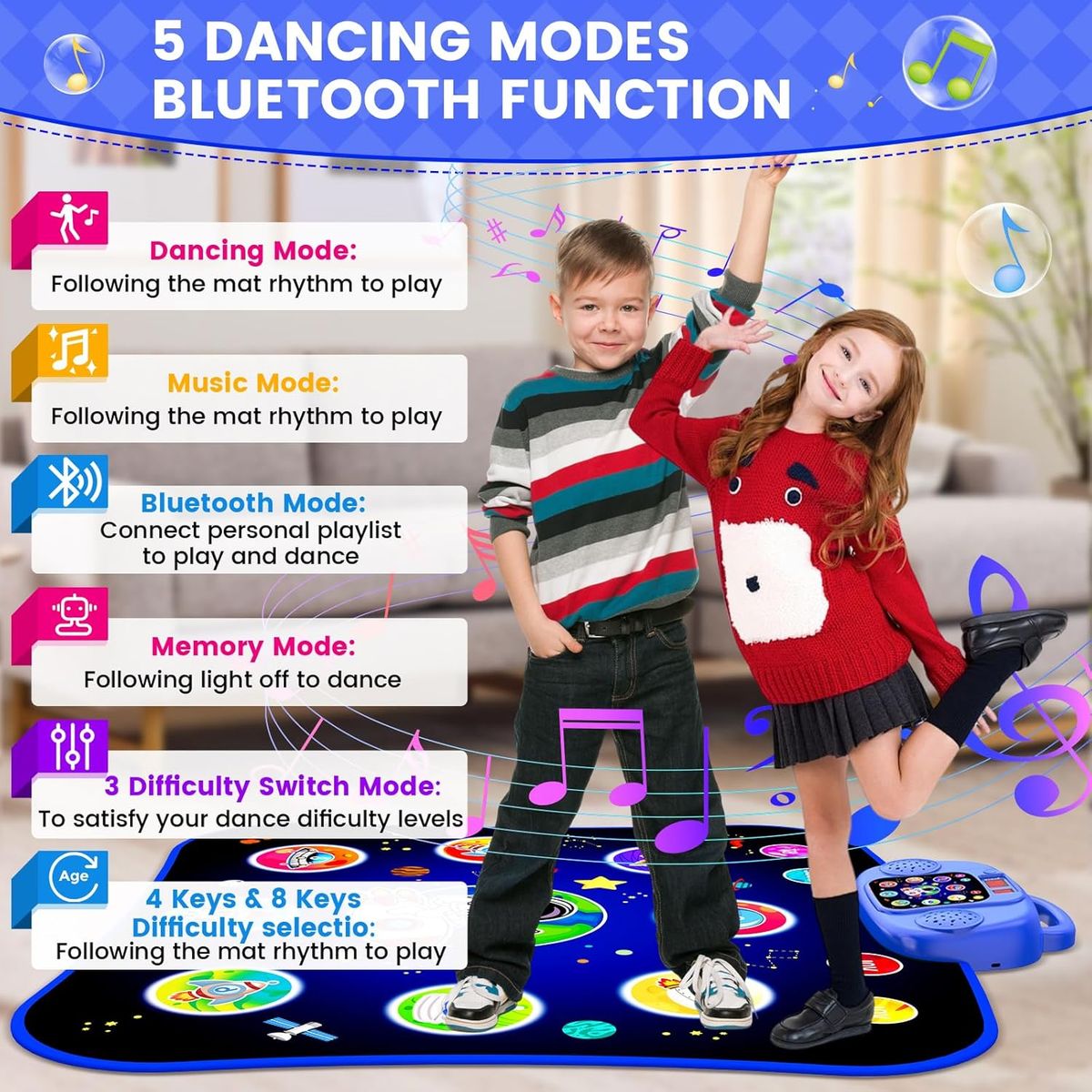 GENERICO - Tapete de Baile Musical Para Niños Regalo de 3 a 10 Años LED Bluetooth Cable USB