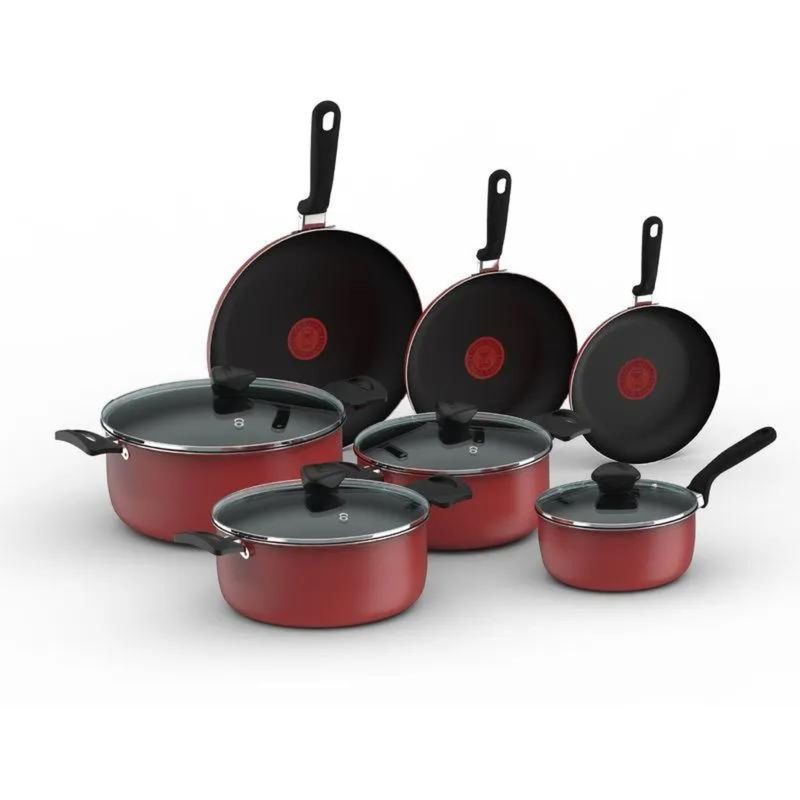 IMUSA - Batería de Ollas Imusa Color 11 piezas Rojo con Tapa de Vidrio