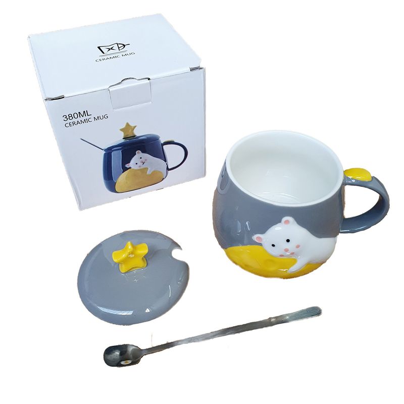 GENERICO - Mug Pocillo Oso Gato Estrella Ceramica Con Tapa + Cuchara