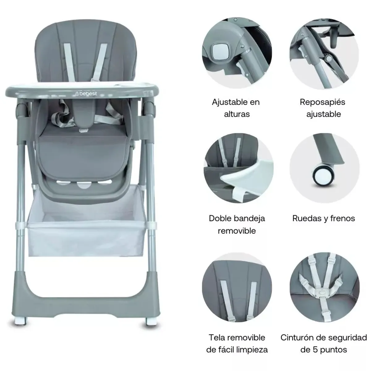 BEBESIT - Silla Comedor Alta Plegable Bebé Prime Bebesit Gris