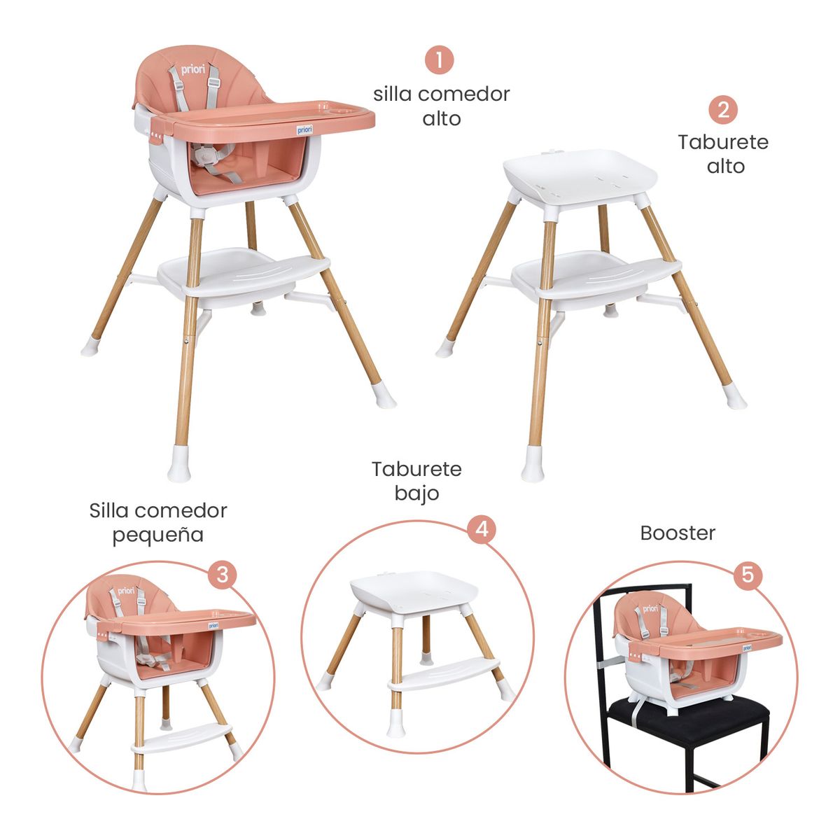PRIORI - Silla Comedor Bebe 5 en 1 Executive Priori Rosado