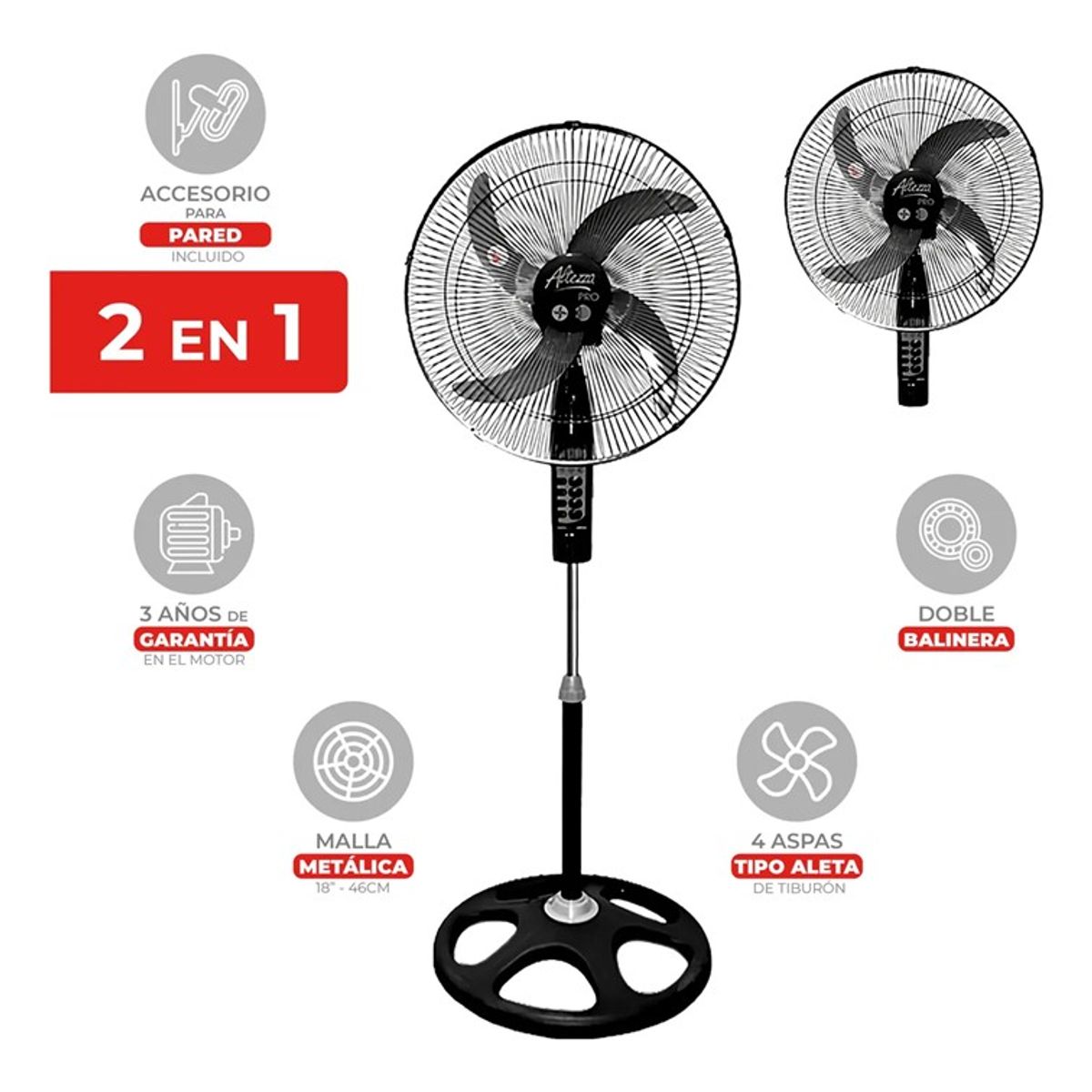 ALTEZZA - Ventilador Altezza Pro Motor a Balineras 2-1 Malla Metalica Negro