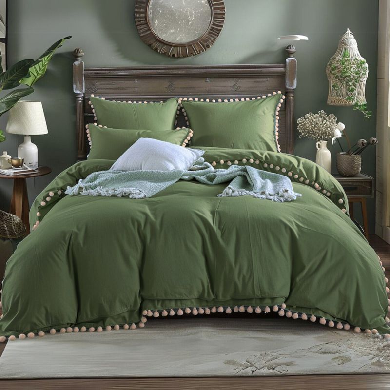 KARYTEX - Funda Duvet Liso Cama King Color Verde Militar - Borlas Beige.