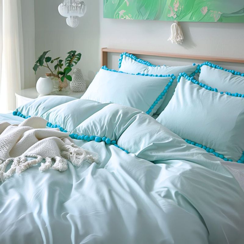 KARYTEX - Funda Duvet Liso Cama Sencilla Color Azul Agua - Borlas Turqueza.