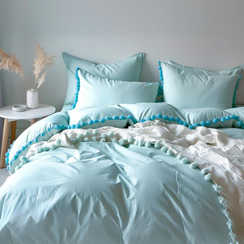 KARYTEX - Funda Duvet Liso Cama Doble Color Azul Agua - Borlas Turqueza.