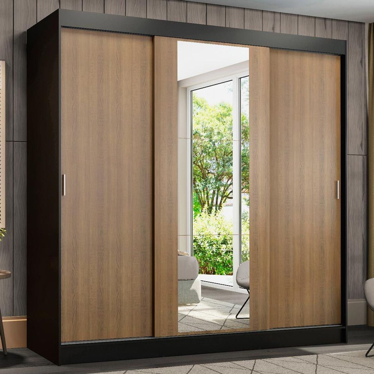 MADESA - Clóset Reno 3 Puertas Corredizas 1 Espejo Negro/Marrón 180 cm x 205 cm x 54 cm