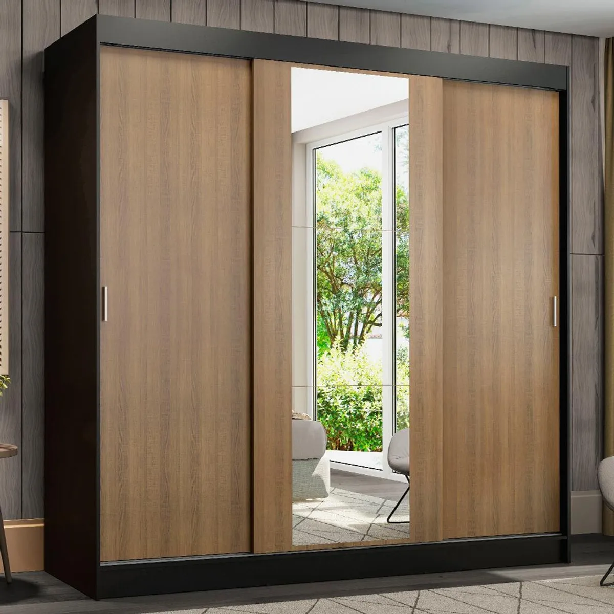 MADESA - Clóset Reno 3 Puertas Corredizas 1 Espejo Negro/Marrón 180 cm x 205 cm x 54 cm