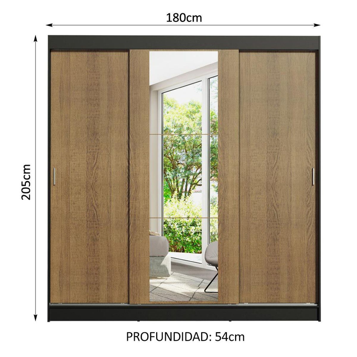 MADESA - Clóset Reno 3 Puertas Corredizas 1 Espejo Negro/Marrón 180 cm x 205 cm x 54 cm