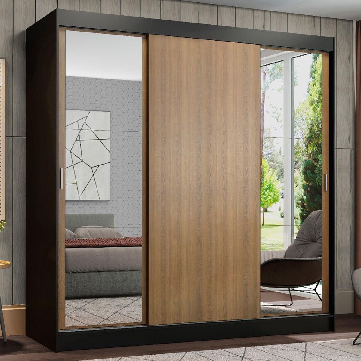 MADESA - Clóset Reno 3 Puertas Corredizas 2 Espejos Negro/Marrón 180 cm x 205 cm x 54 cm