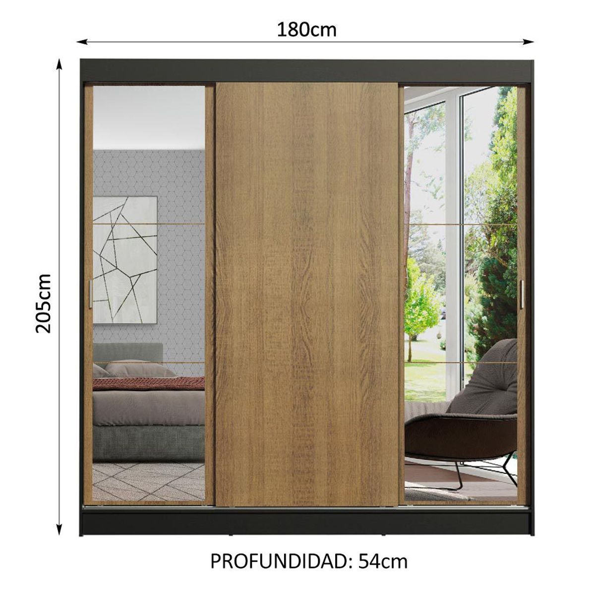 MADESA - Clóset Reno 3 Puertas Corredizas 2 Espejos Negro/Marrón 180 cm x 205 cm x 54 cm