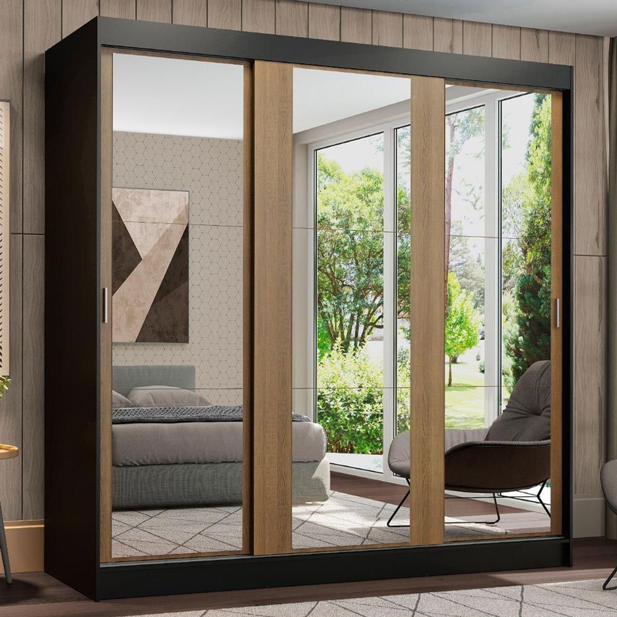 MADESA - Clóset Reno 3 Puertas Corredizas con Espejos Negro/Marrón 180 cm x 205 cm x 54 cm