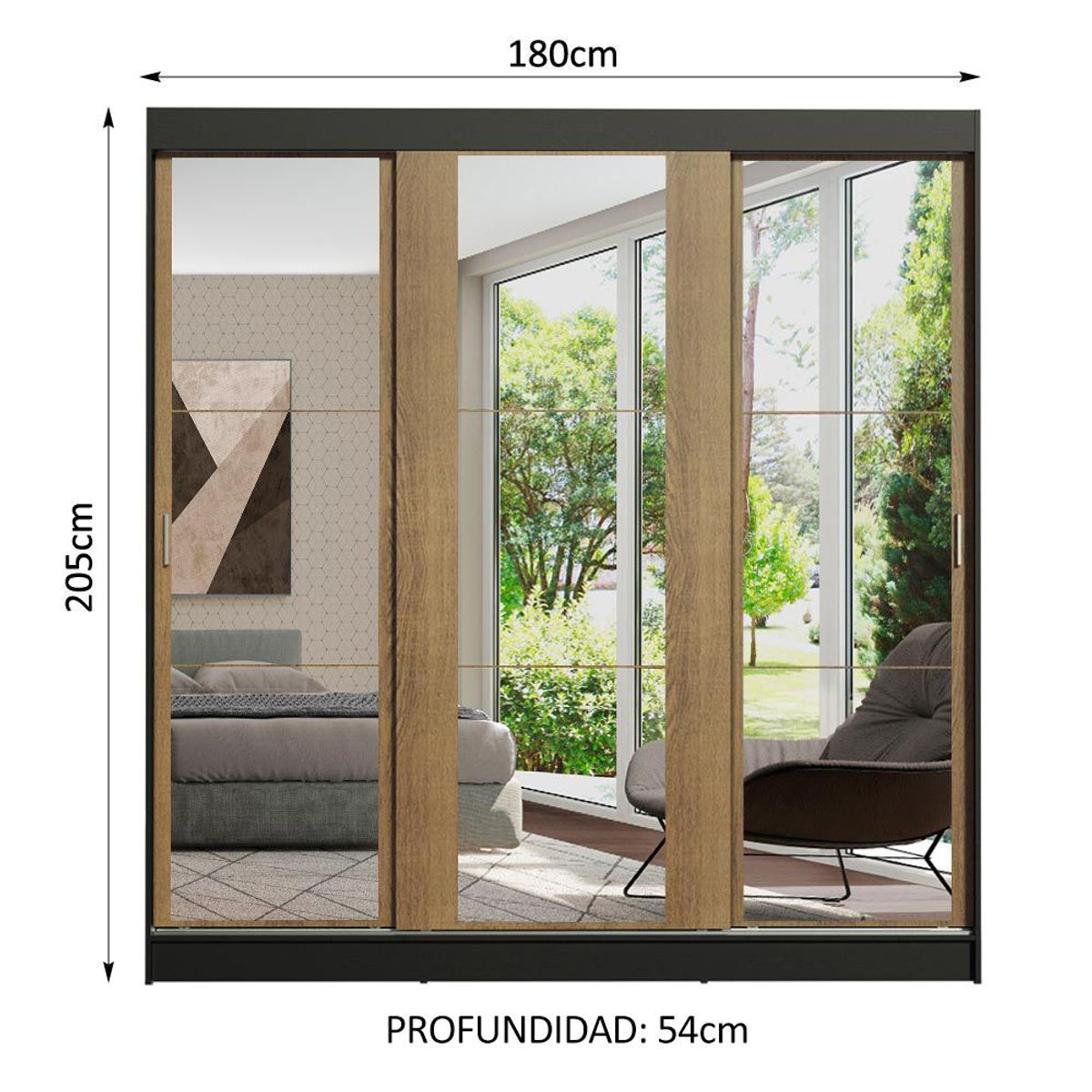 MADESA - Clóset Reno 3 Puertas Corredizas con Espejos Negro/Marrón 180 cm x 205 cm x 54 cm