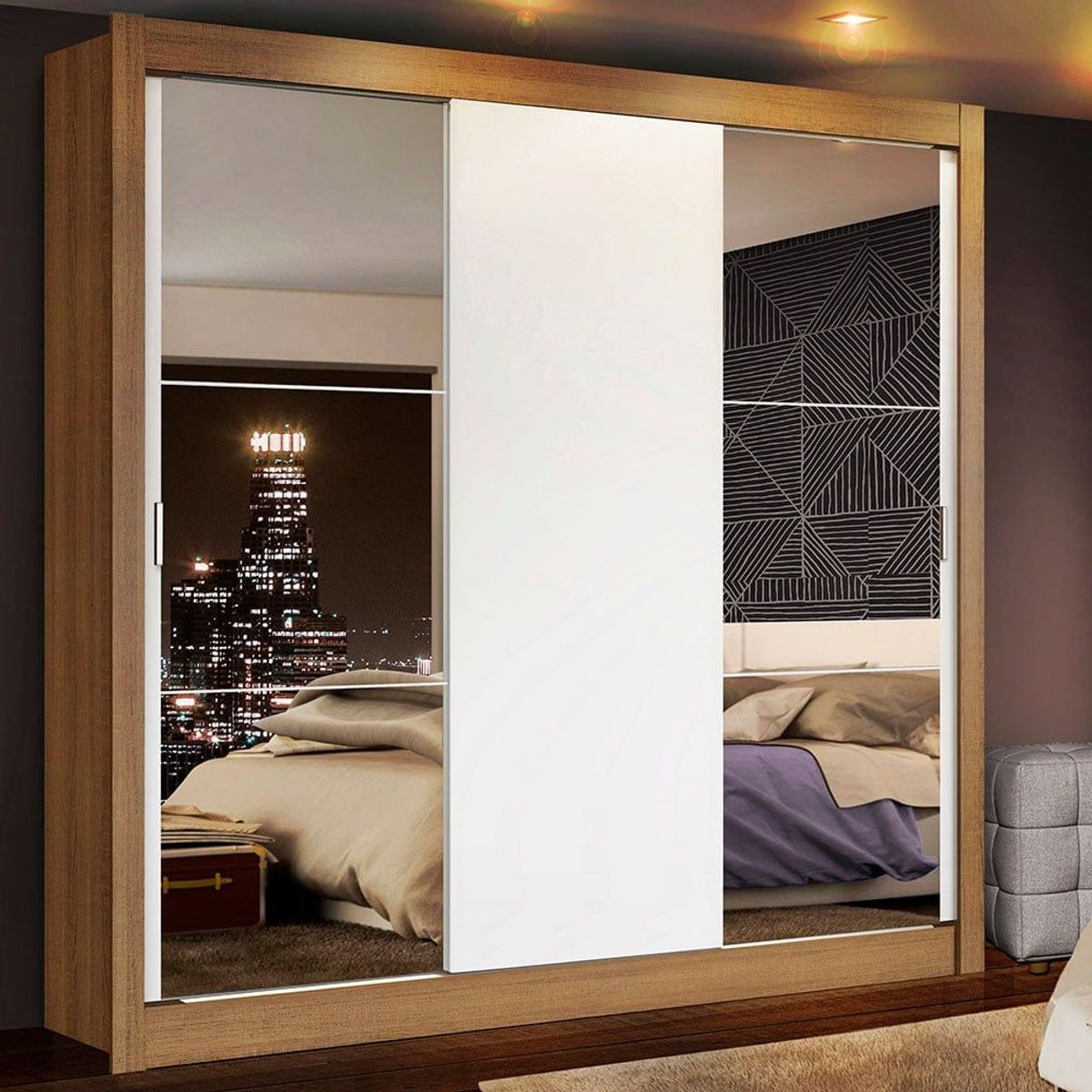 MADESA - Clóset Monaco 3 Puertas Corredizas 2 Espejos Marrón/Blanco 170 cm x 205 cm x 51 cm