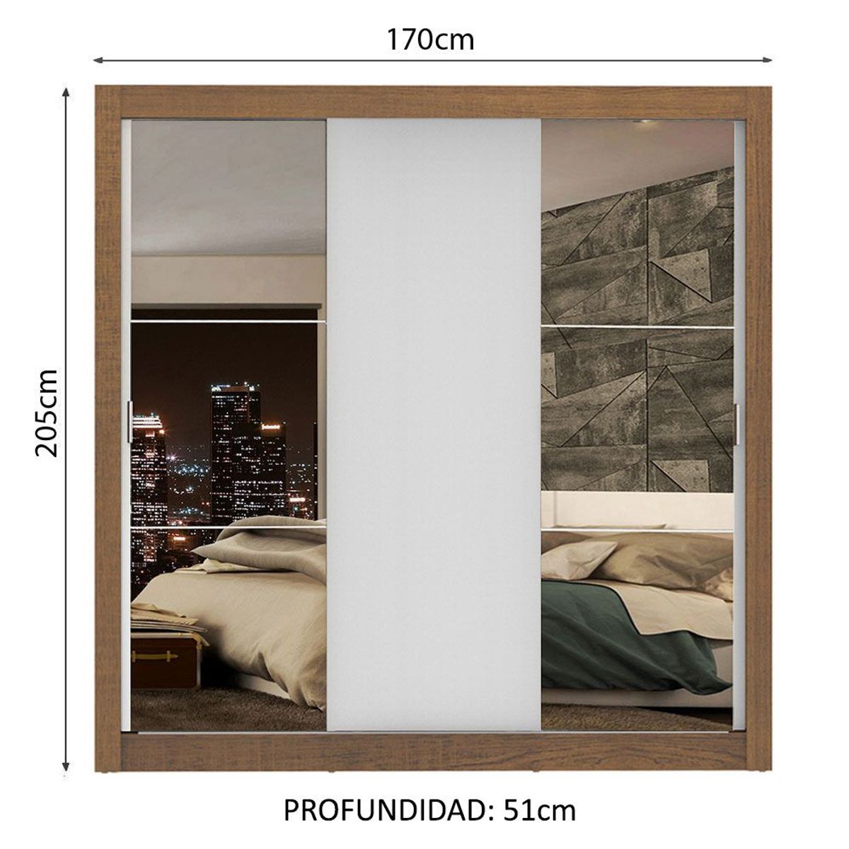 MADESA - Clóset Monaco 3 Puertas Corredizas 2 Espejos Marrón/Blanco 170 cm x 205 cm x 51 cm