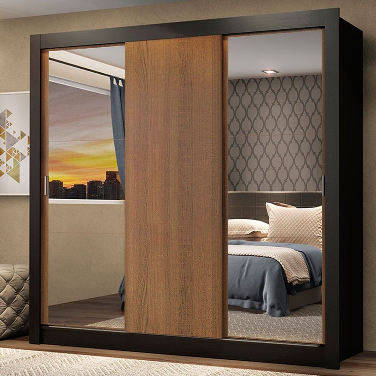 MADESA - Clóset Monaco 3 Puertas Corredizas 2 Espejos Negro/Marrón 170 cm x 205 cm x 51 cm