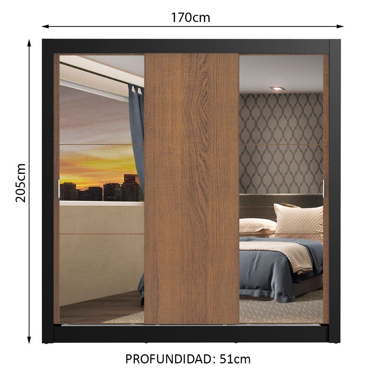 MADESA - Clóset Monaco 3 Puertas Corredizas 2 Espejos Negro/Marrón 170 cm x 205 cm x 51 cm