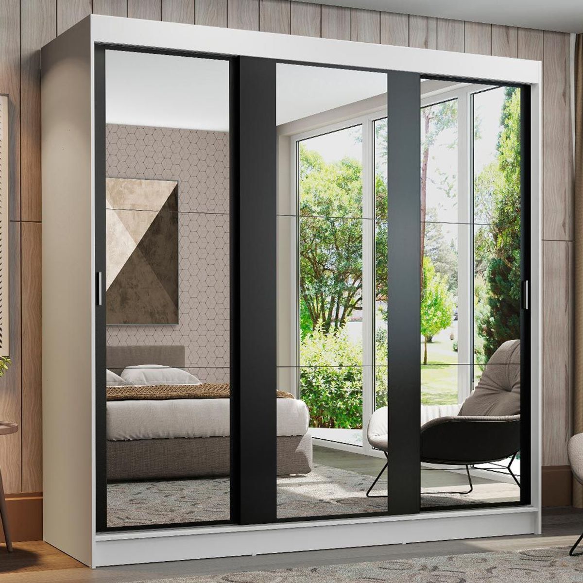 MADESA - Clóset Reno 3 Puertas Corredizas con Espejos Blanco/Negro 180 cm x 205 cm x 54 cm