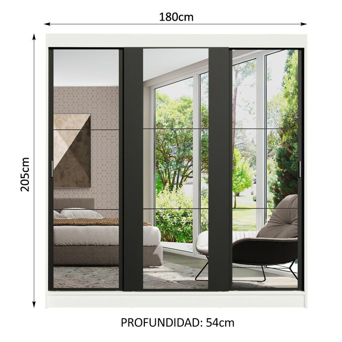MADESA - Clóset Reno 3 Puertas Corredizas con Espejos Blanco/Negro 180 cm x 205 cm x 54 cm