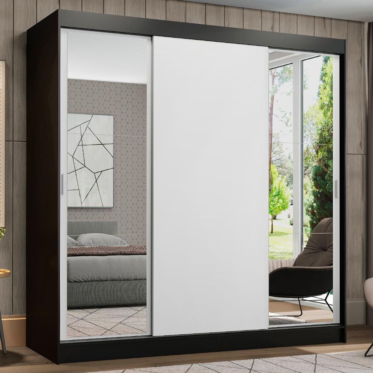 MADESA - Clóset Reno 3 Puertas Corredizas 2 Espejos Negro/Blanco 180 cm x 205 cm x 54 cm